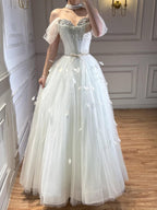 Luxury White Crystal Beaded Feather A-Line Evening Dress CLA73591A