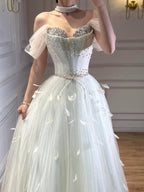Luxury White Crystal Beaded Feather A-Line Evening Dress CLA73591A