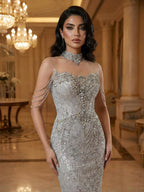 Luxury Gray Crystal Beaded Mermaid Evening Dress LA73592