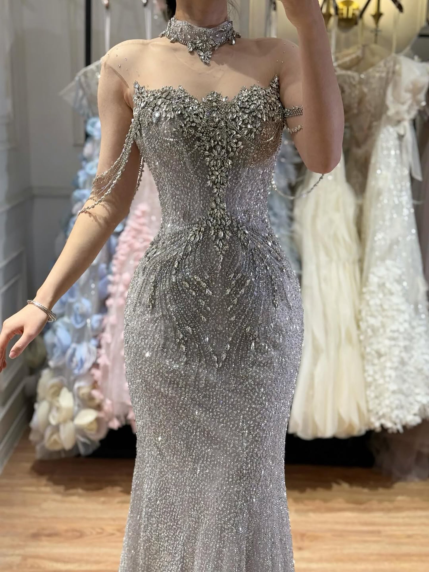 Luxury Gray Crystal Beaded Mermaid Evening Dress LA73592