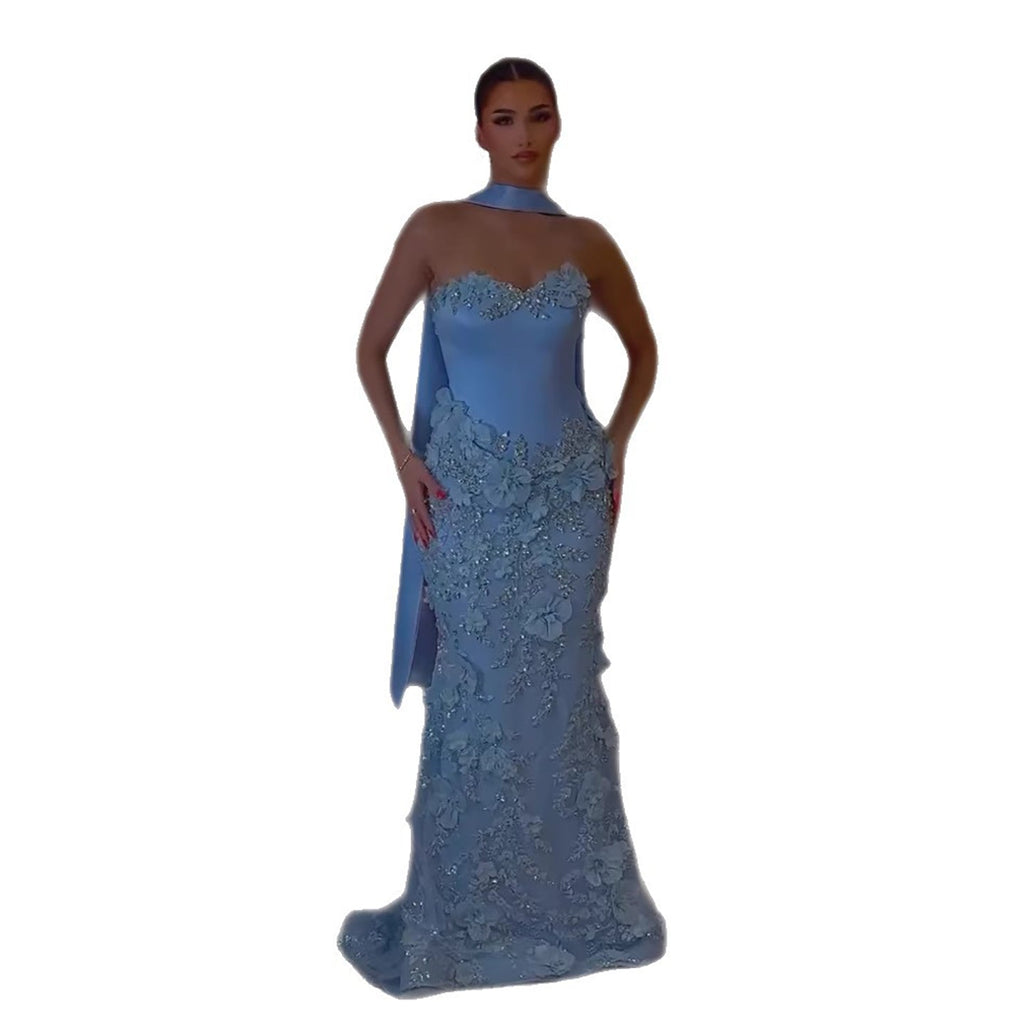 Luxury Blue 3D Flower Beaded Mermaid Evening Dress With Cape LA73593