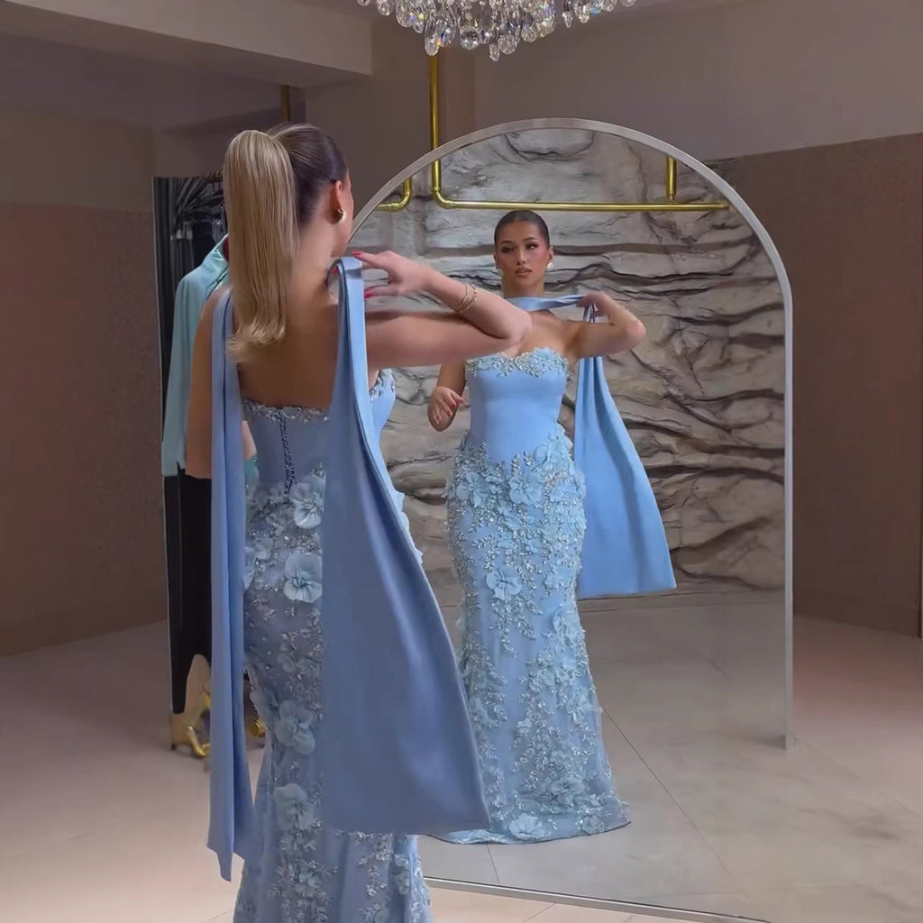 Luxury Blue 3D Flower Beaded Mermaid Evening Dress With Cape LA73593