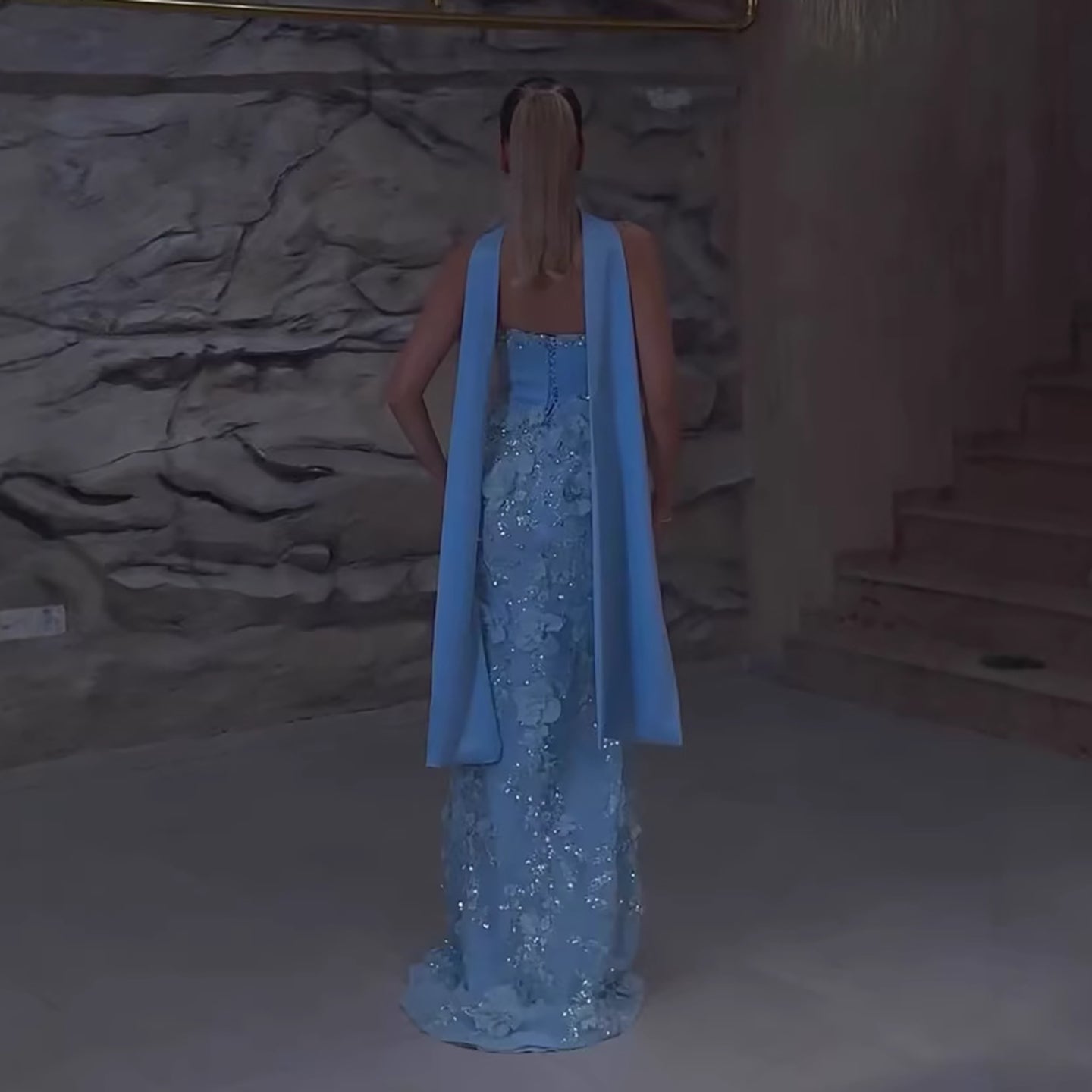 Luxury Blue 3D Flower Beaded Mermaid Evening Dress With Cape LA73593