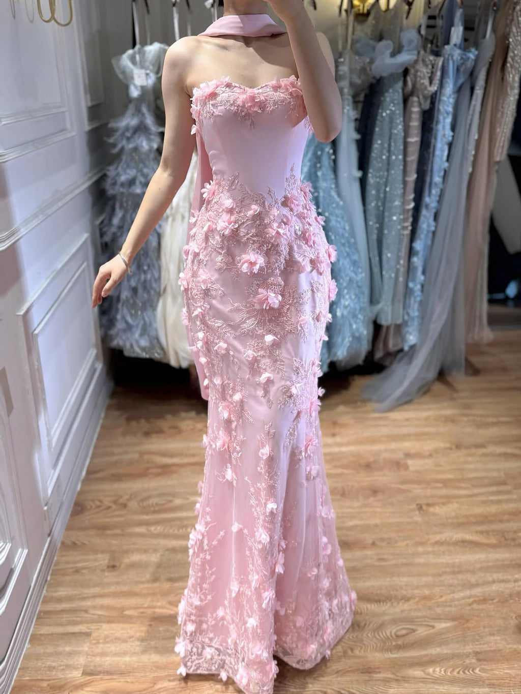 Arabic Blue Floral Beaded Mermaid Evening Dress With Shawl CLA73593