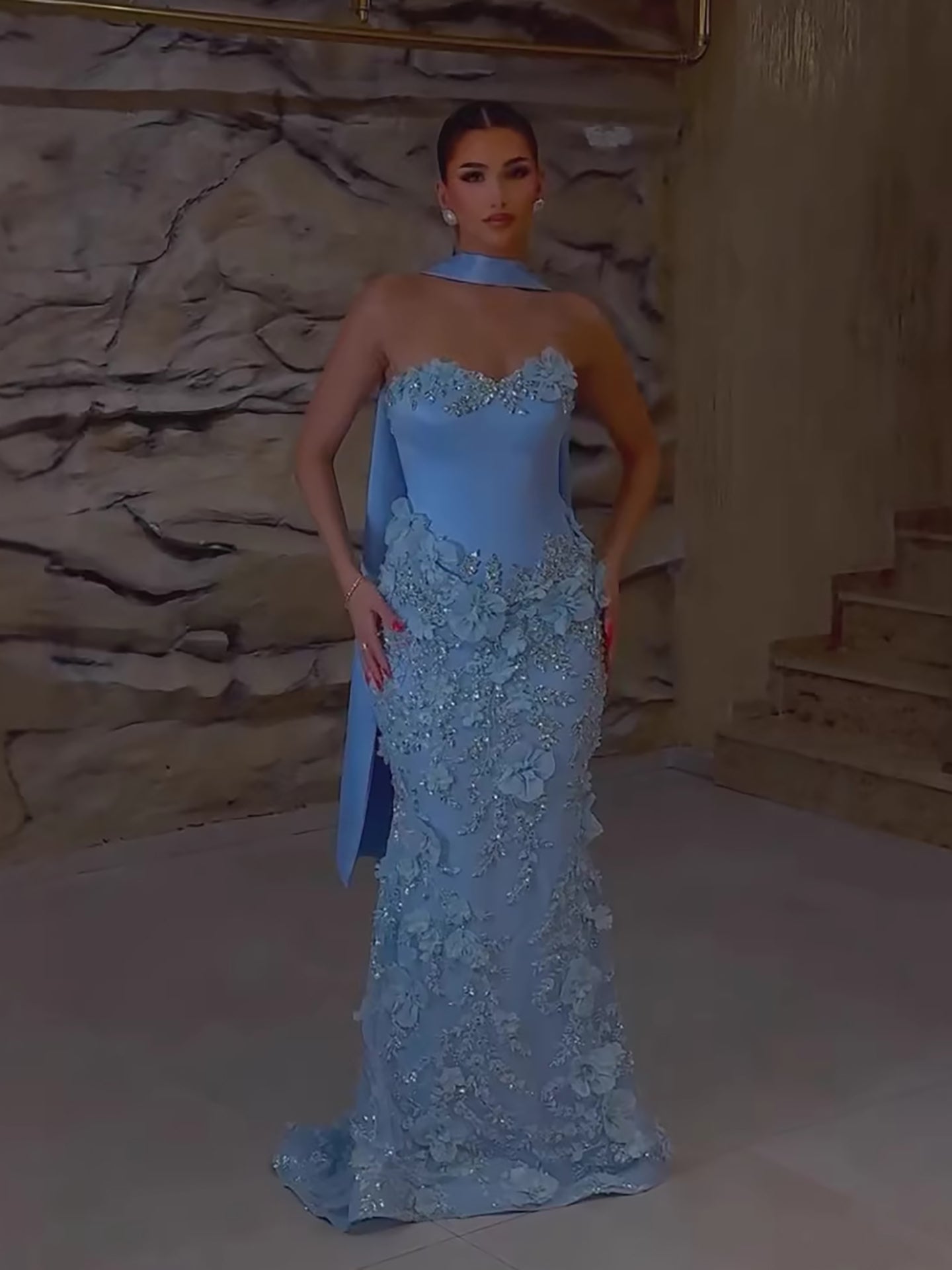 Luxury Blue 3D Flower Beaded Mermaid Evening Dress With Cape LA73593