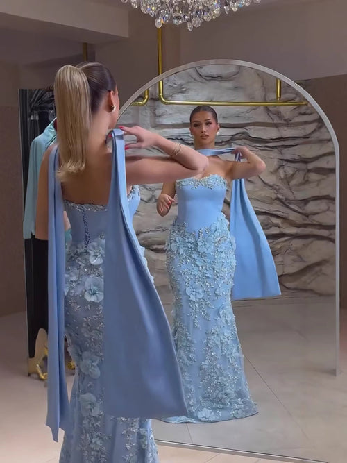 Arabic Blue Floral Beaded Mermaid Evening Dress With Shawl CLA73593