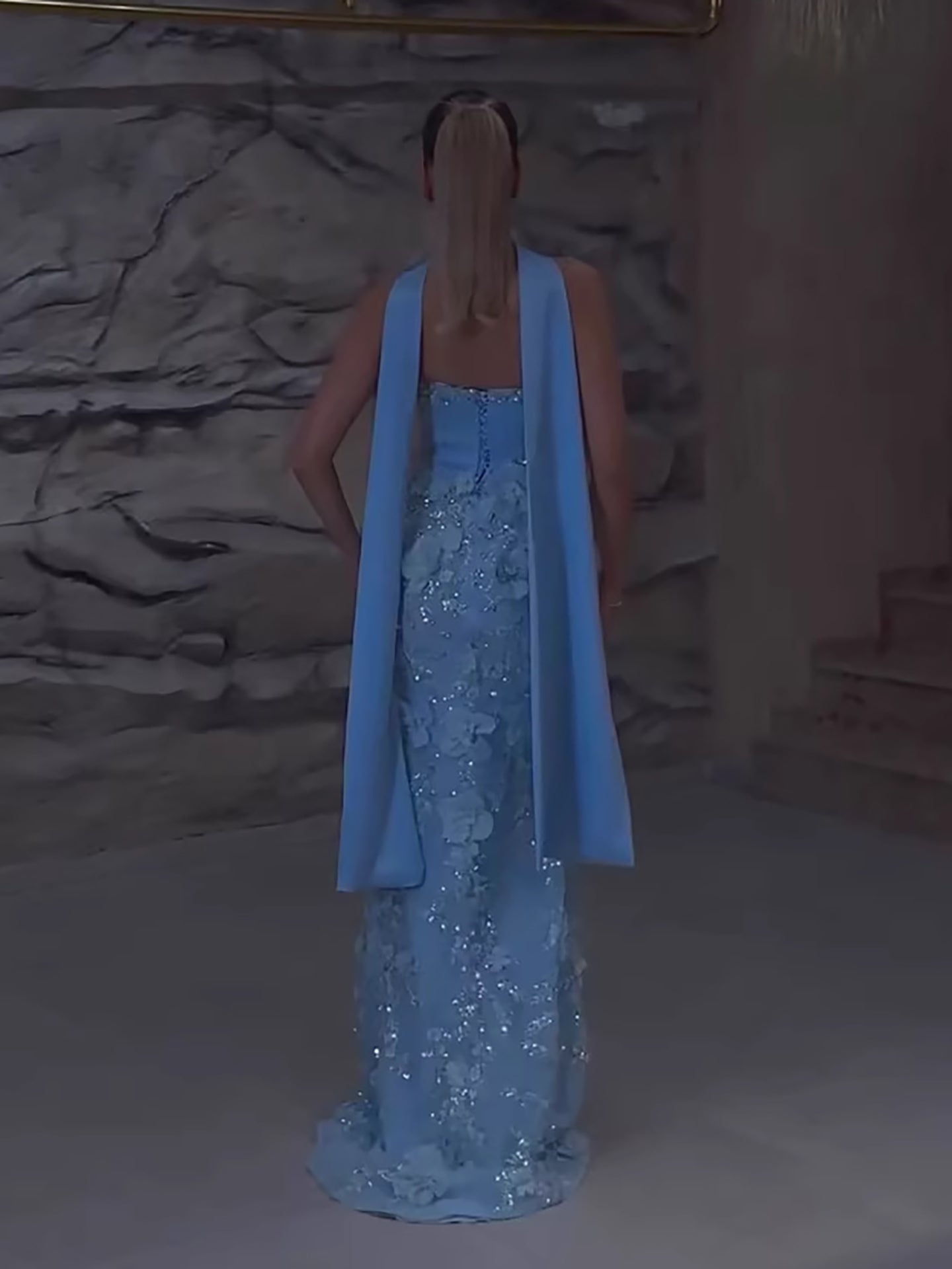 Luxury Blue 3D Flower Beaded Mermaid Evening Dress With Cape LA73593