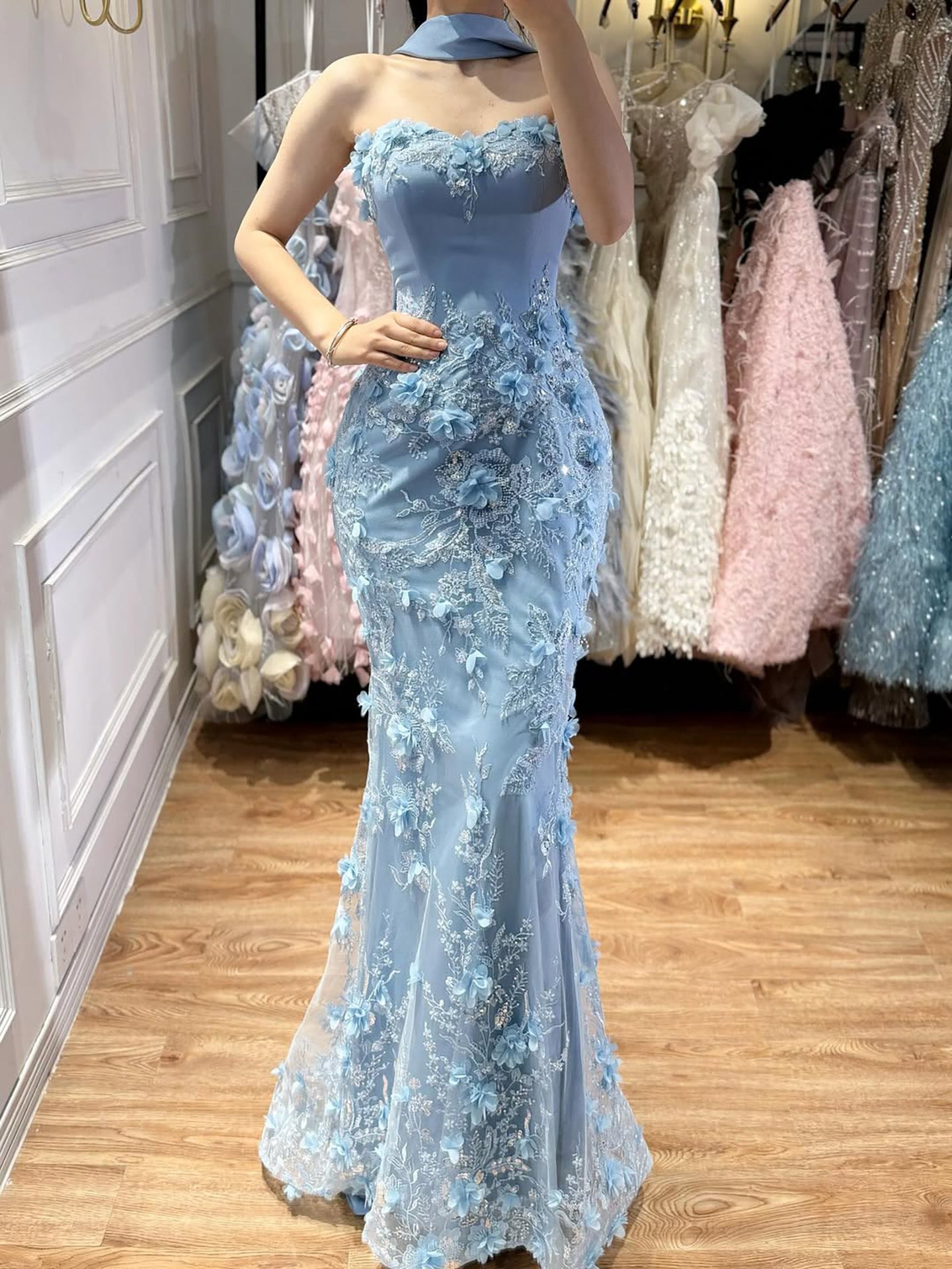 Arabic Blue Floral Beaded Mermaid Evening Dress With Shawl CLA73593