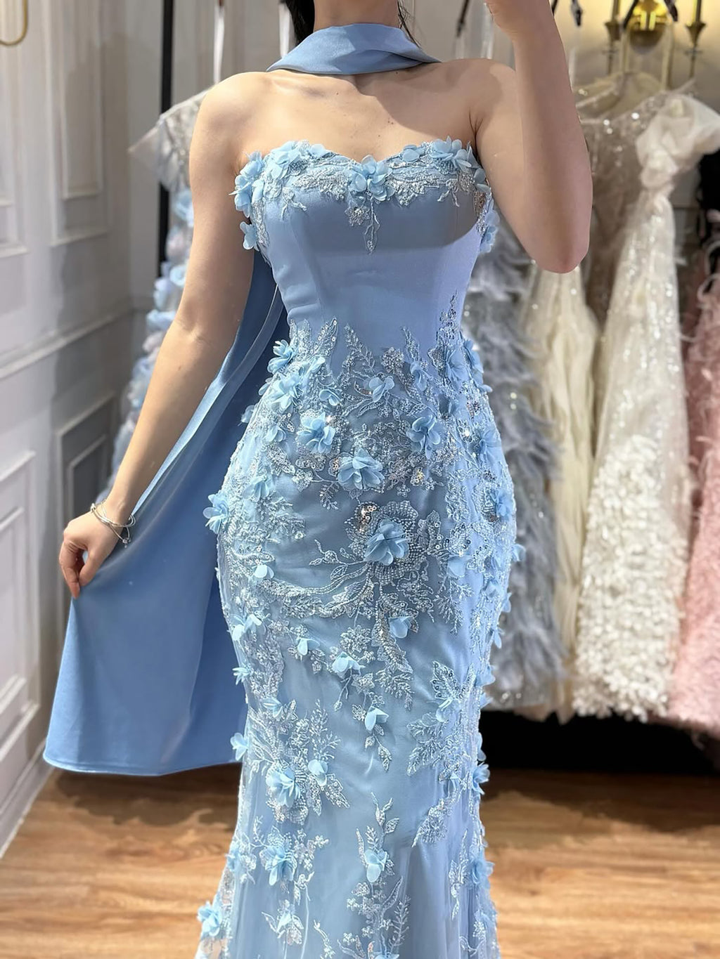 Arabic Blue Floral Beaded Mermaid Evening Dress With Shawl CLA73593