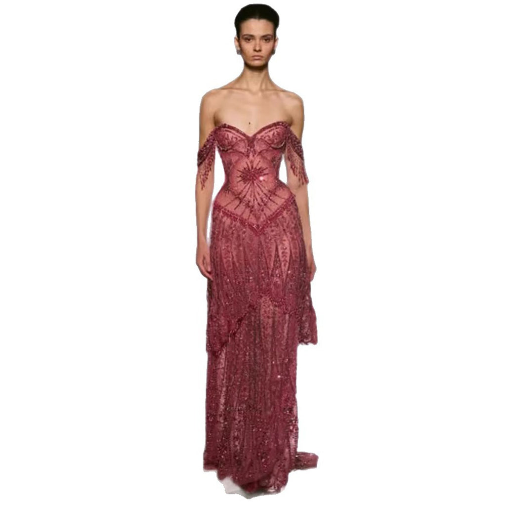 Luxury Fuchsia Beaded A-Line Evening Dress With Tassels LA73594