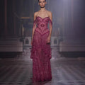 Luxury Fuchsia Beaded A-Line Evening Dress With Tassels LA73594