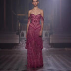 Luxury Fuchsia Beaded A-Line Evening Dress With Tassels LA73594