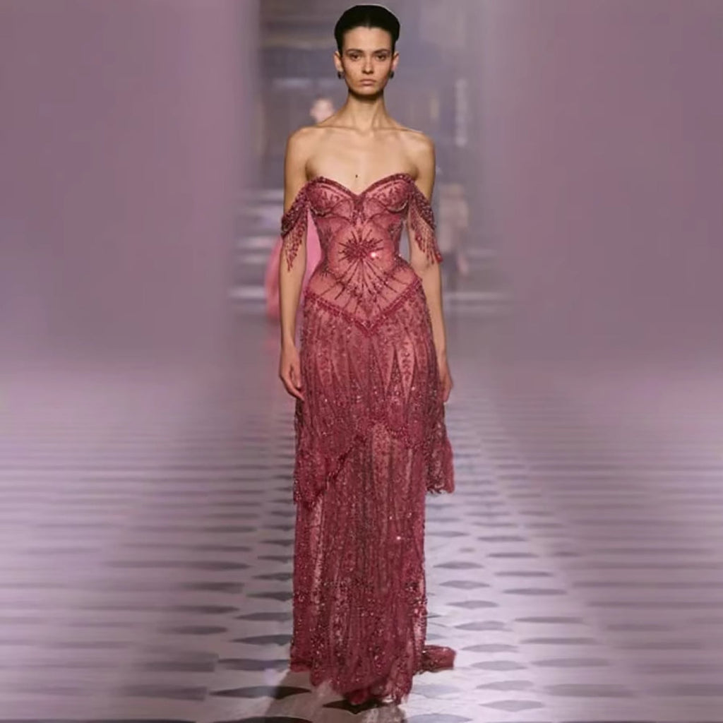 Luxury Fuchsia Beaded A-Line Evening Dress With Tassels LA73594