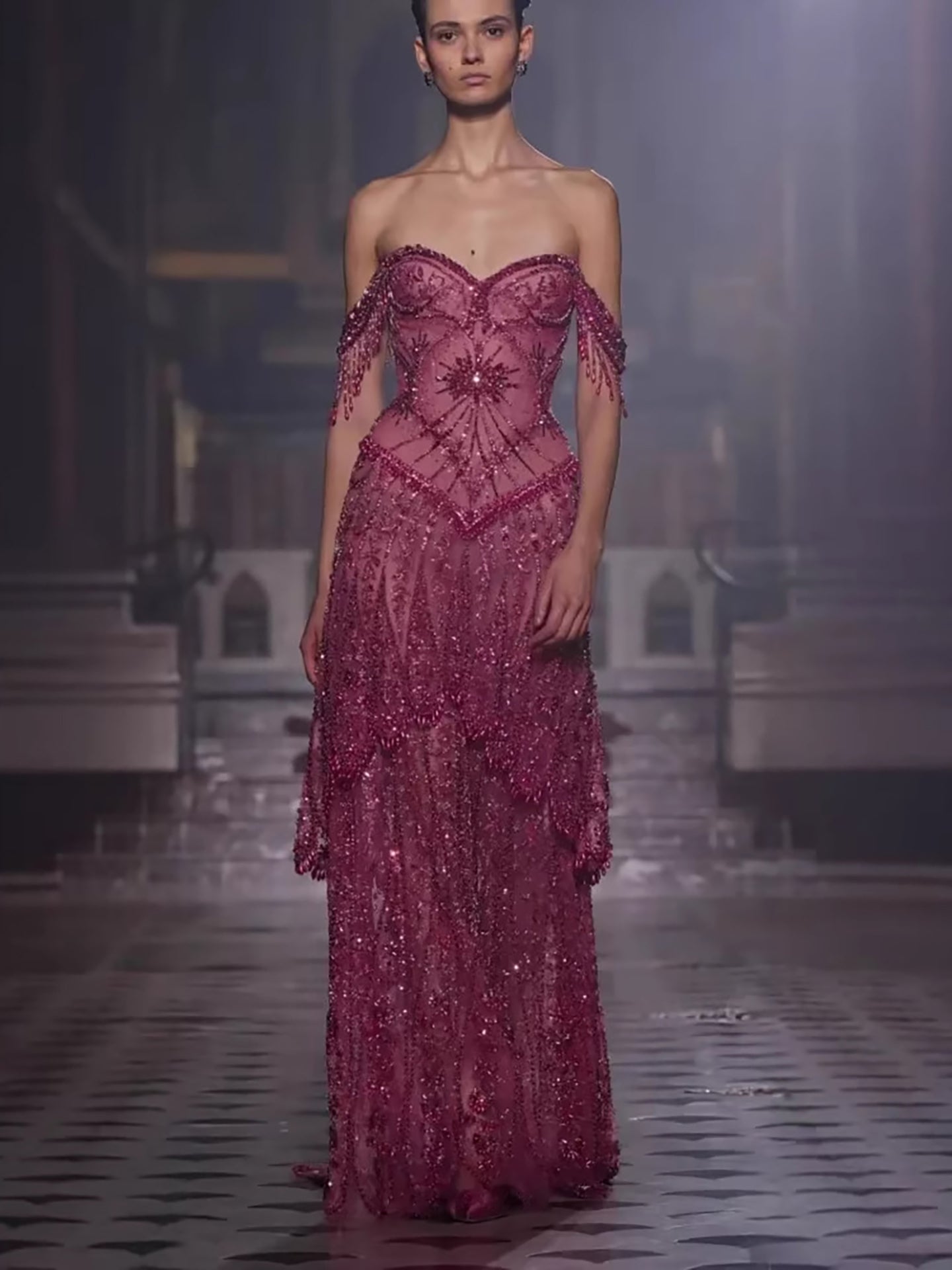 Luxury Fuchsia Beaded A-Line Evening Dress With Tassels LA73594