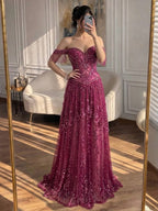 Lebanon Luxury Fuchsia Beaded A-Line Evening Dress With Tassels CLA73594