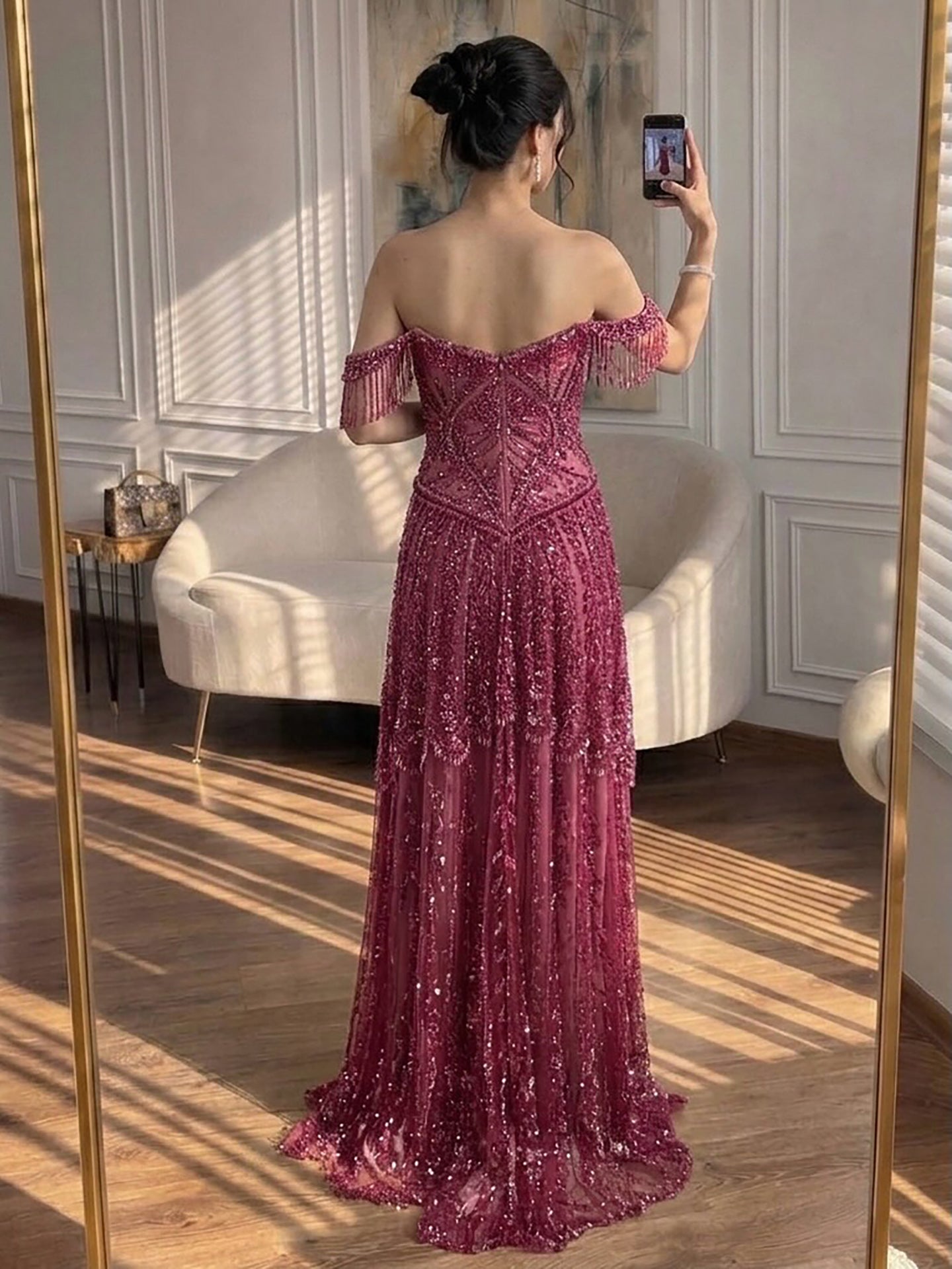 Lebanon Luxury Fuchsia Beaded A-Line Evening Dress With Tassels CLA73594