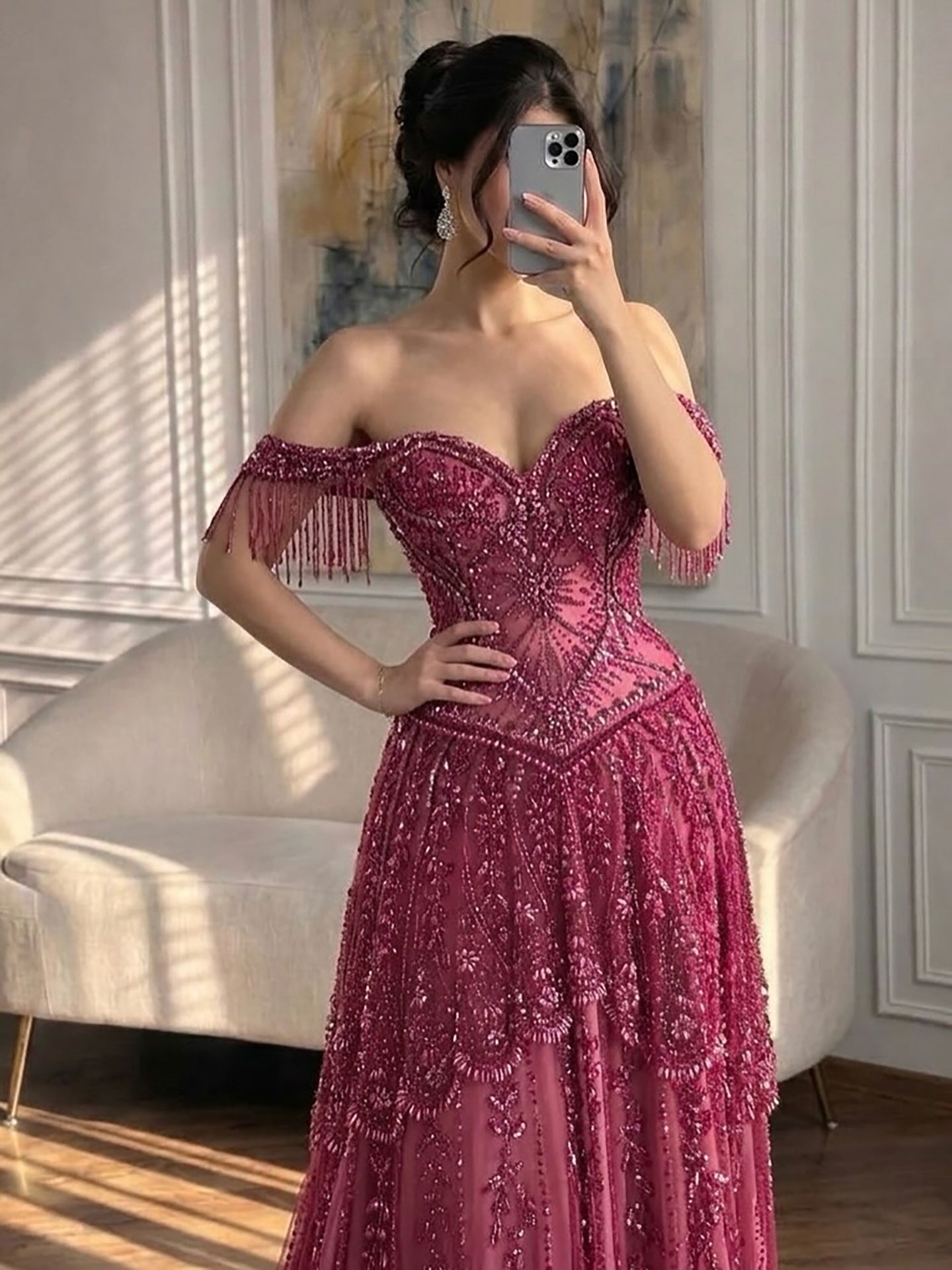 Lebanon Luxury Fuchsia Beaded A-Line Evening Dress With Tassels CLA73594