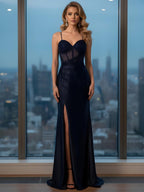 Navy Blue Beaded Spaghetti Straps Mermaid Dress High Split CLA73596