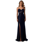 Navy Blue Beaded Spaghetti Straps Mermaid Dress High Split CLA73596