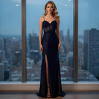 Navy Blue Beaded Spaghetti Straps Mermaid Dress High Split CLA73596