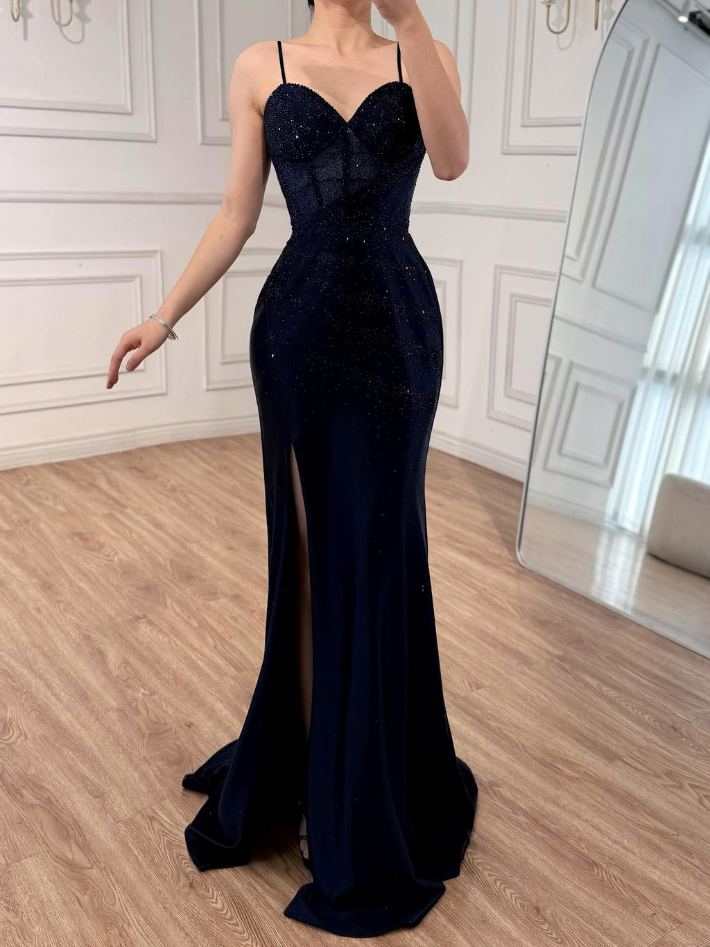 Navy Blue Beaded Spaghetti Straps Mermaid Dress High Split CLA73596