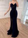 Navy Blue Beaded Spaghetti Straps Mermaid Dress High Split CLA73596
