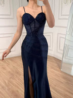 Navy Blue Beaded Spaghetti Straps Mermaid Dress High Split CLA73596