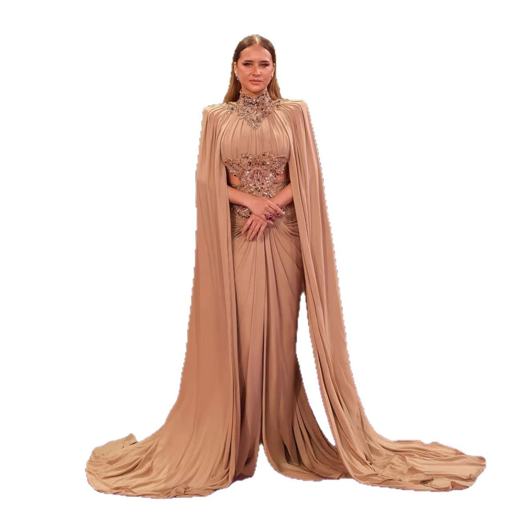 Luxury Nude Beaded Modest Evening Dress With Cape LA73597