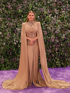 Luxury Nude Beaded Modest Evening Dress With Cape LA73597