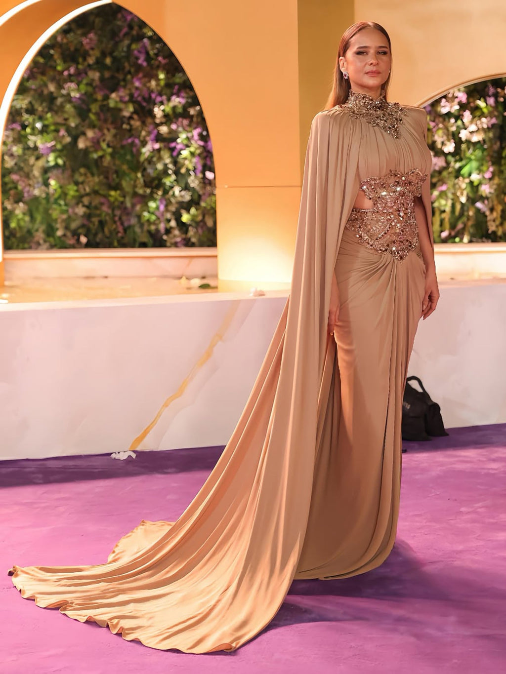 Luxury Nude Beaded Modest Evening Dress With Cape LA73597