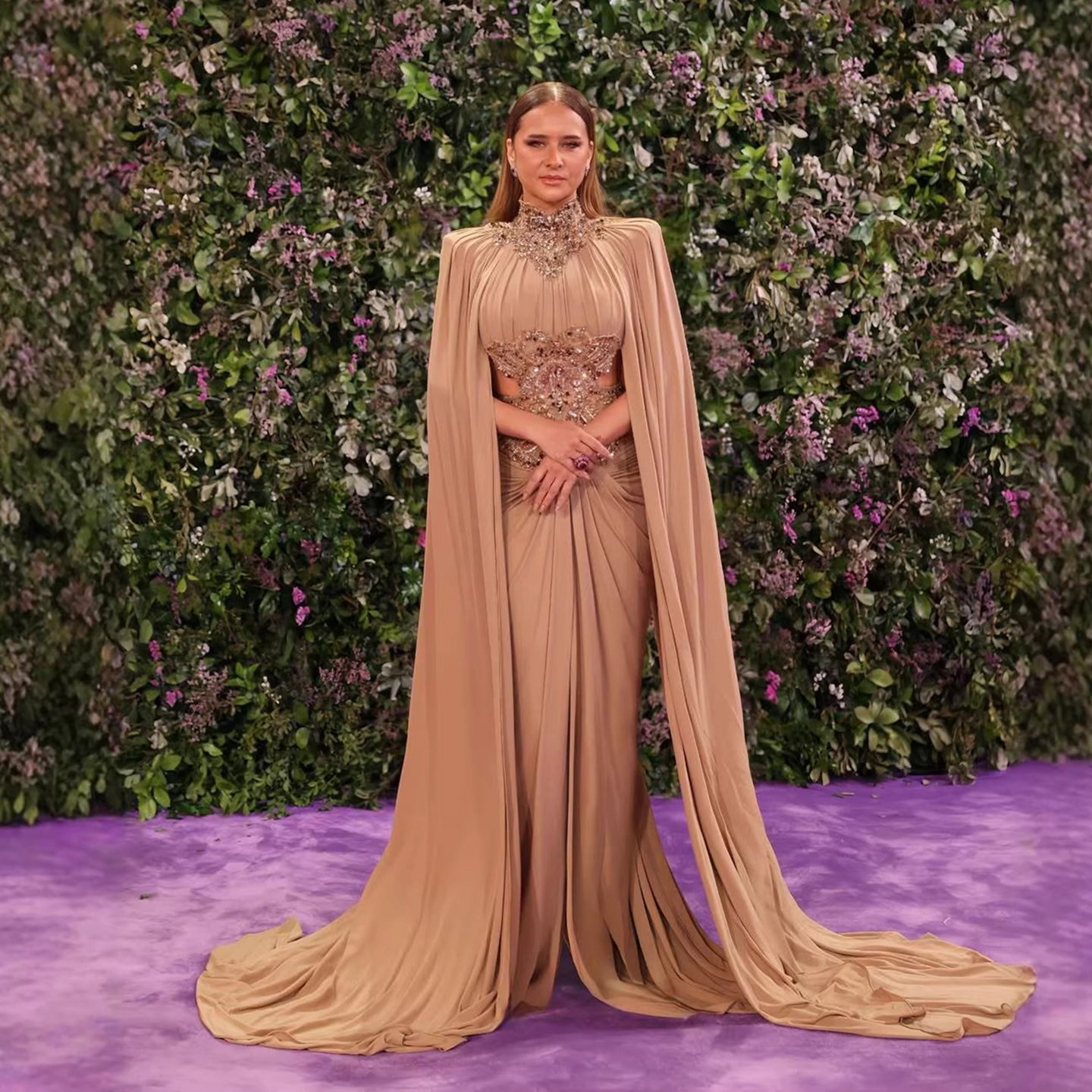 Luxury Nude Beaded Modest Evening Dress With Cape LA73597