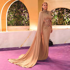Luxury Nude Beaded Modest Evening Dress With Cape LA73597