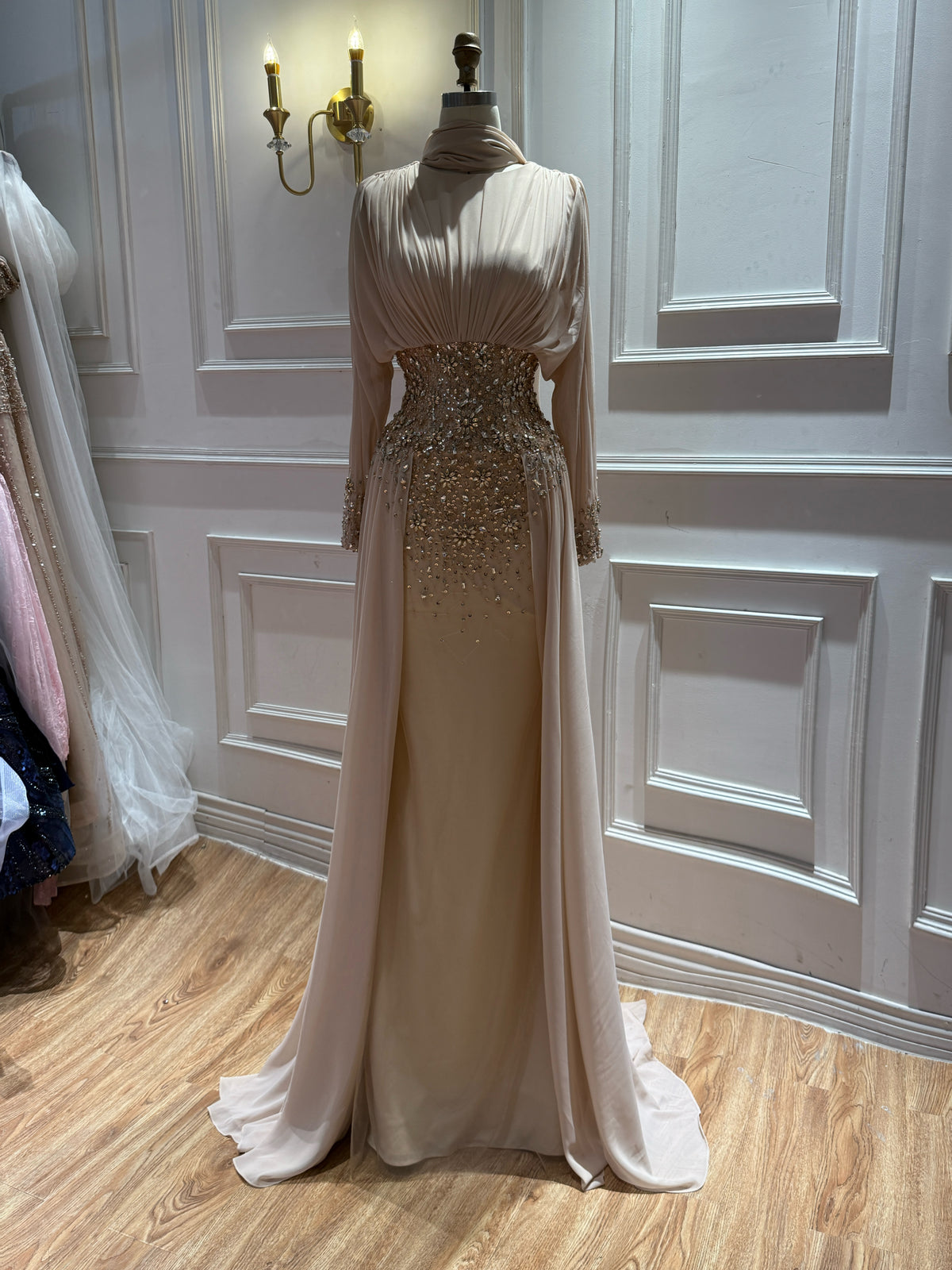 Arabic Luxury Beaded Chiffon Mermaid With Overskirt Evening Dress Modest For Muslim Women CLA73598