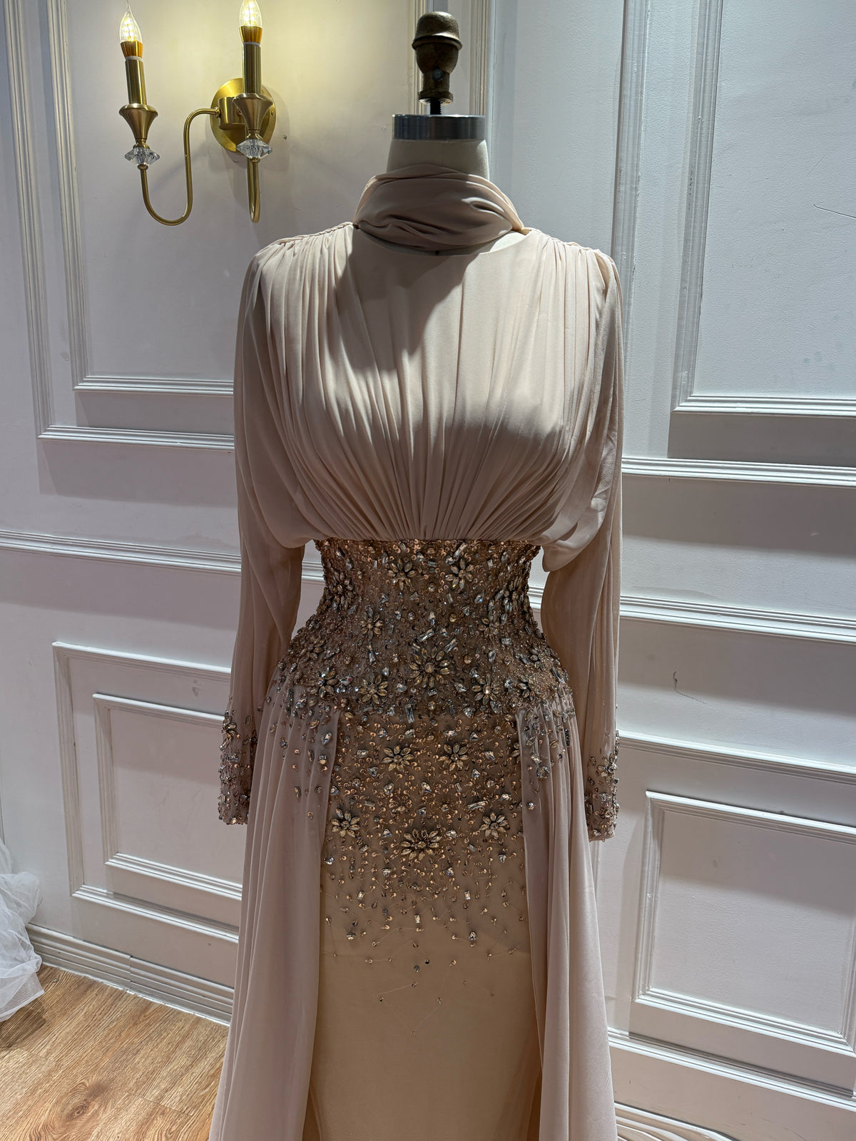 Arabic Luxury Beaded Chiffon Mermaid With Overskirt Evening Dress Modest For Muslim Women CLA73598
