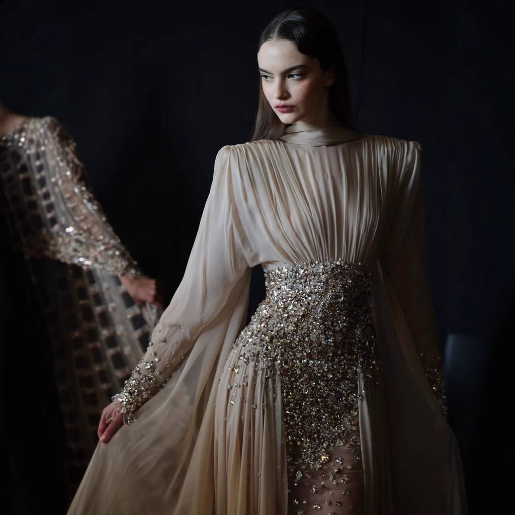 Luxury Nude Crystal Beaded Long Sleeves Evening Dress LA73598