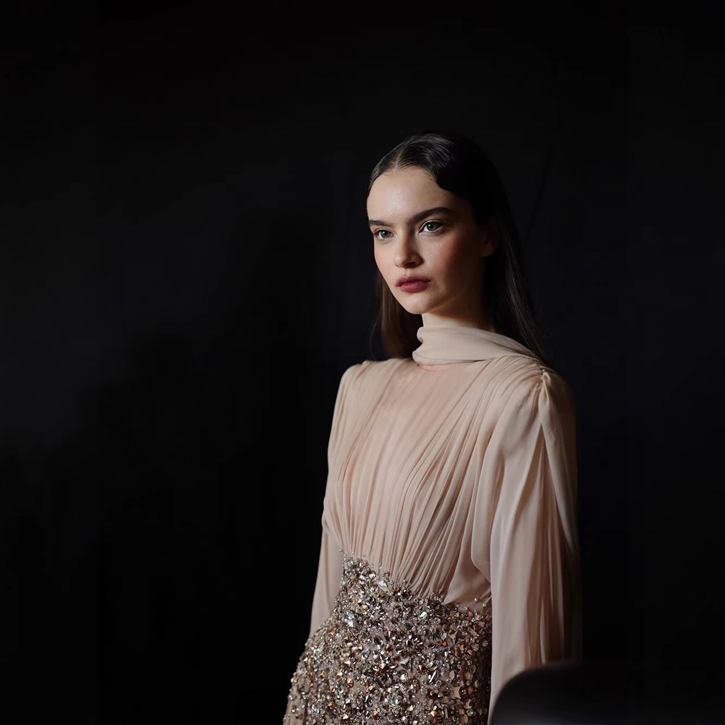 Luxury Nude Crystal Beaded Long Sleeves Evening Dress LA73598