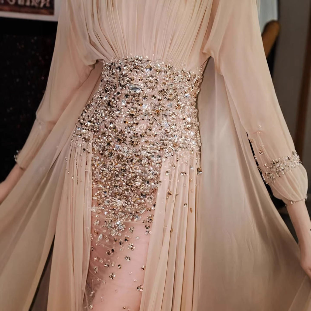 Luxury Nude Crystal Beaded Long Sleeves Evening Dress LA73598