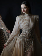 Luxury Nude Crystal Beaded Long Sleeves Evening Dress LA73598