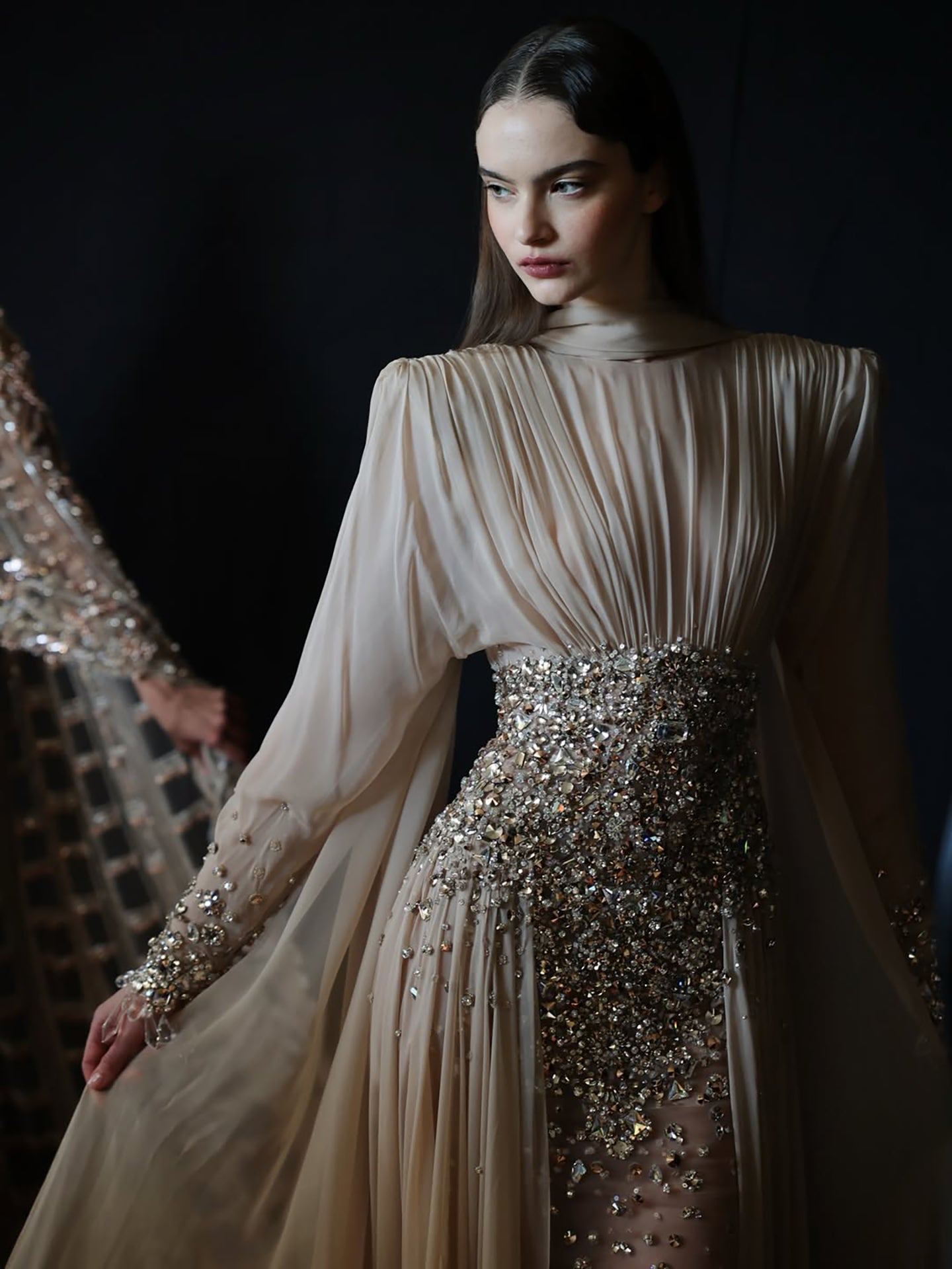 Luxury Nude Crystal Beaded Long Sleeves Evening Dress LA73598