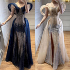 Luxury Navy Blue Beaded Evening Dress with Slit CLA73602