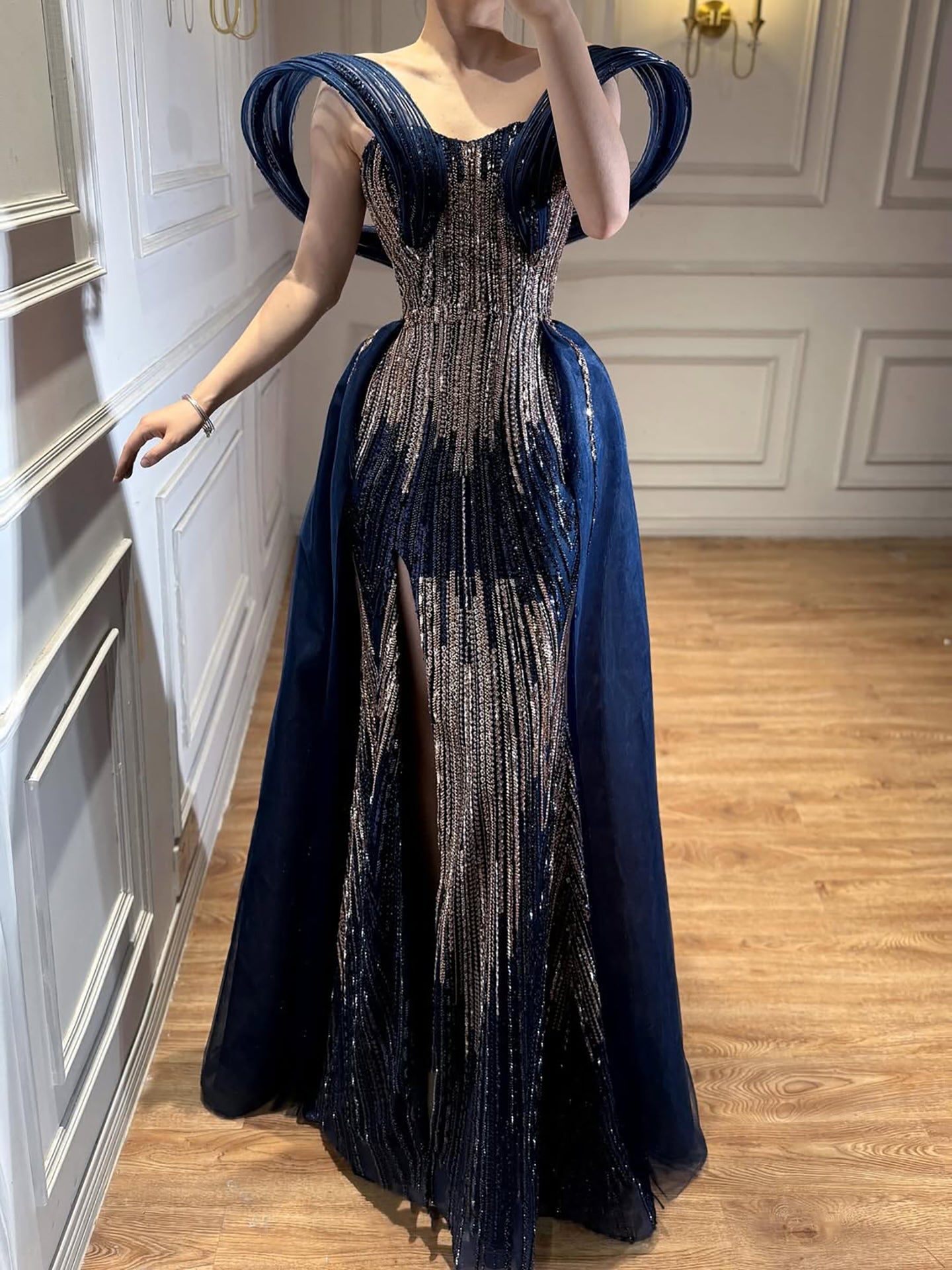 Luxury Navy Blue Beaded Evening Dress with Slit CLA73602