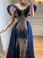Luxury Navy Blue Beaded Evening Dress with Slit CLA73602