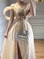 Luxury Navy Blue Beaded Evening Dress with Slit CLA73602