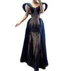 Luxury Navy Blue Beaded Evening Dress with Slit CLA73602