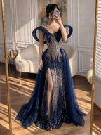 Luxury Navy Blue Beaded Evening Dress with Slit CLA73602