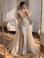 Luxury Navy Blue Beaded Evening Dress with Slit CLA73602