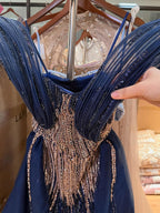 Luxury Navy Blue Beaded Evening Dress with Slit CLA73602