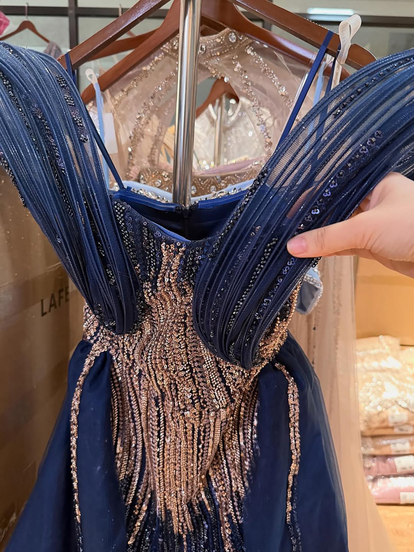 Luxury Navy Blue Beaded Evening Dress with Slit CLA73602