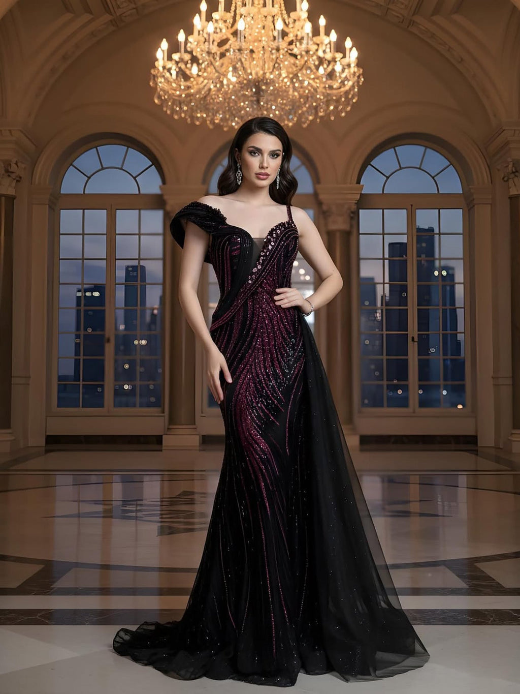Luxury Wine Red Crystal Beaded Mermaid Evening Dress With Overskirt CLA73606