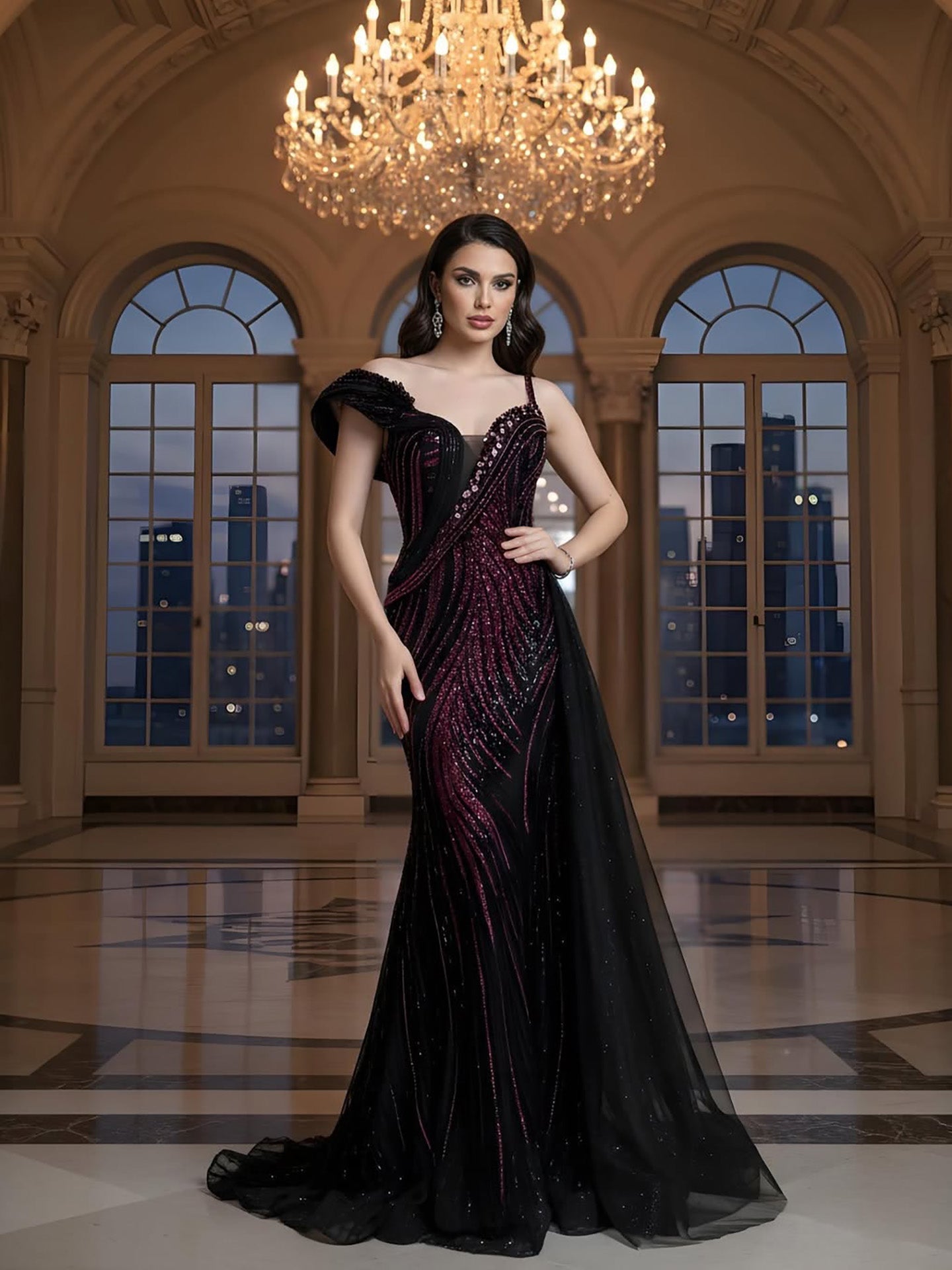 Luxury Wine Red Crystal Beaded Mermaid Evening Dress With Overskirt CLA73606